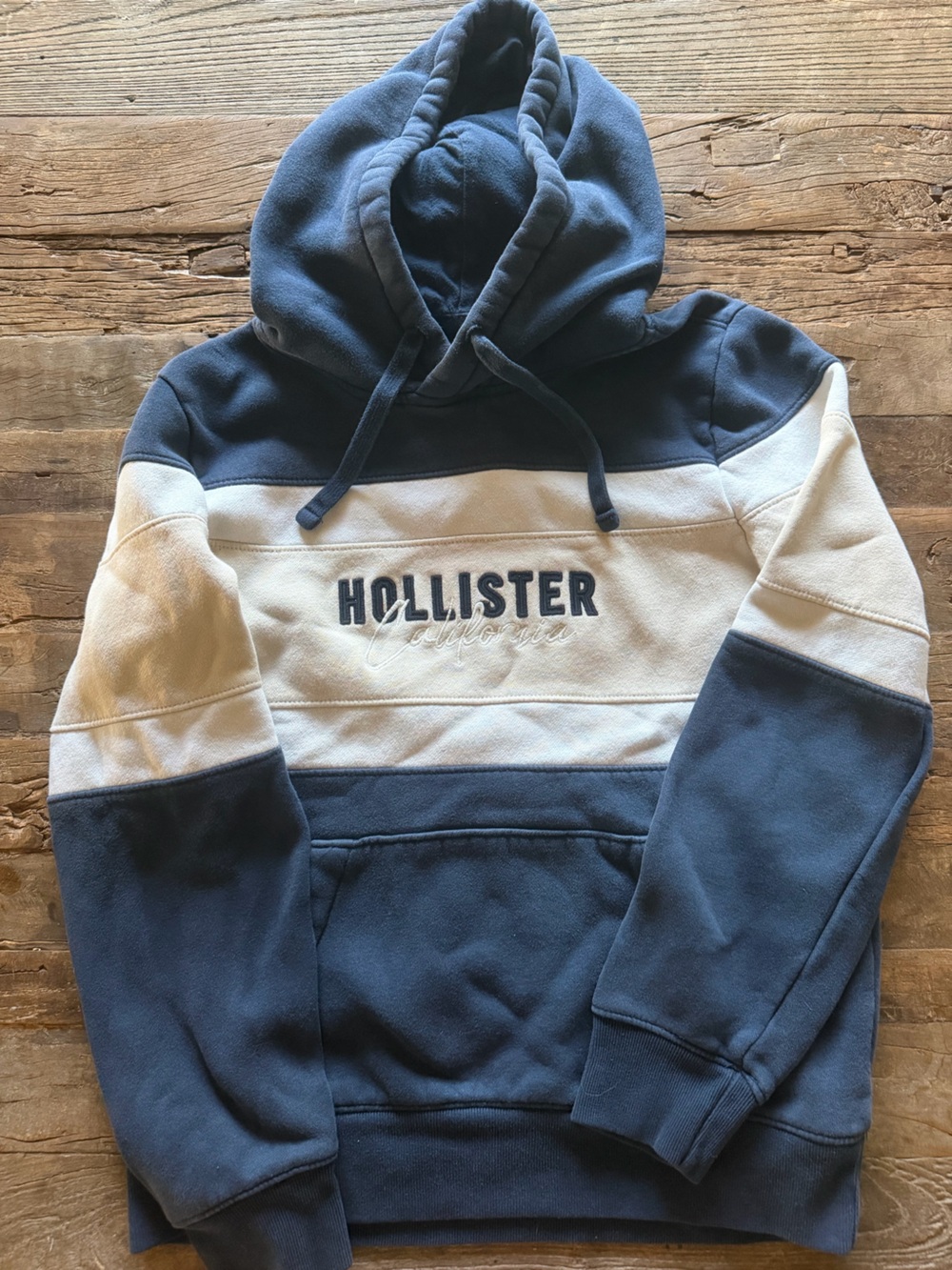 Hollister Navy and Cream Colorblock Pullover Hoodie
